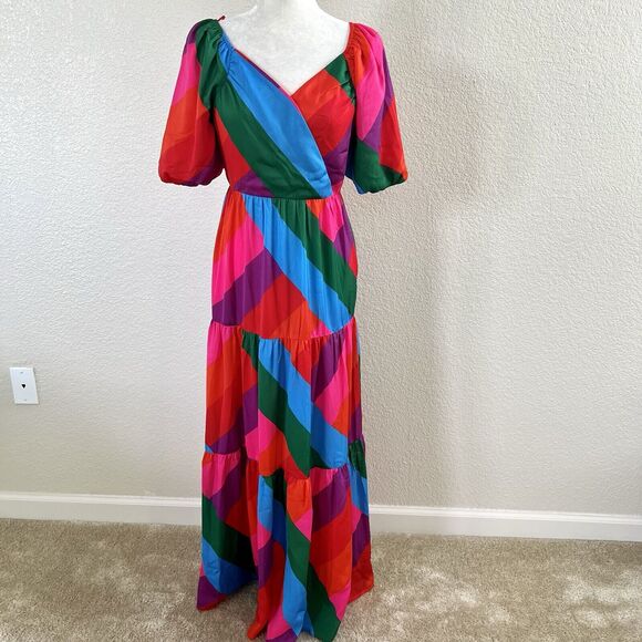 Skies are Blue Iliana Tiered Pink Colorful Maxi Dress Size Small Puffy Sleeve - Picture 1 of 16